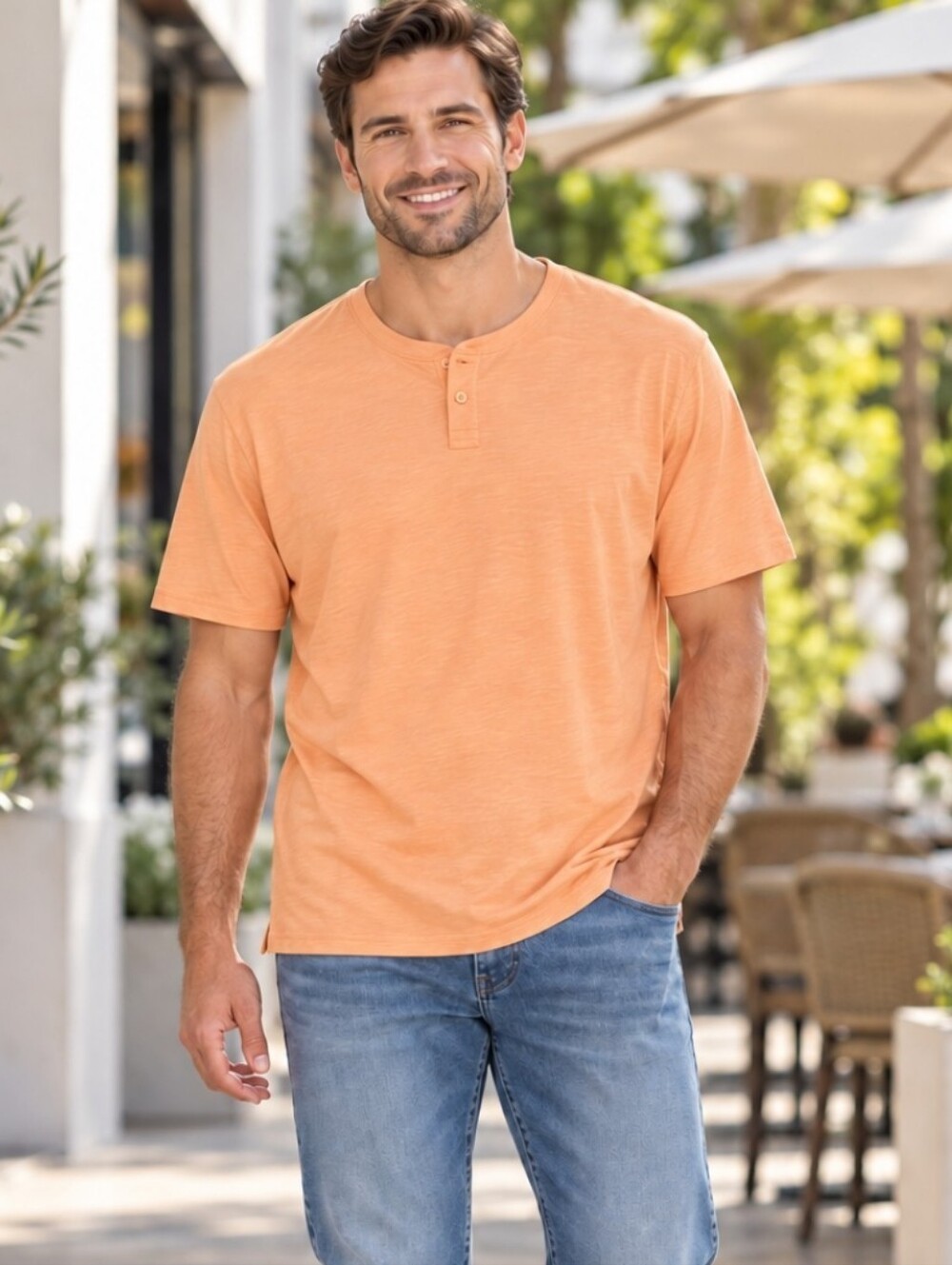 Gap Men's Slub Henley Shirt Peach Orange Short Sleeve Casual XL NWT